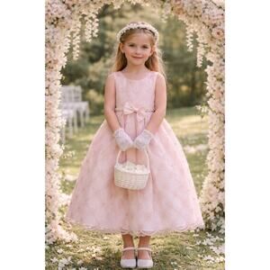Couture Princess Pink Floral Applique Dress 8 Pearl Wedding Party